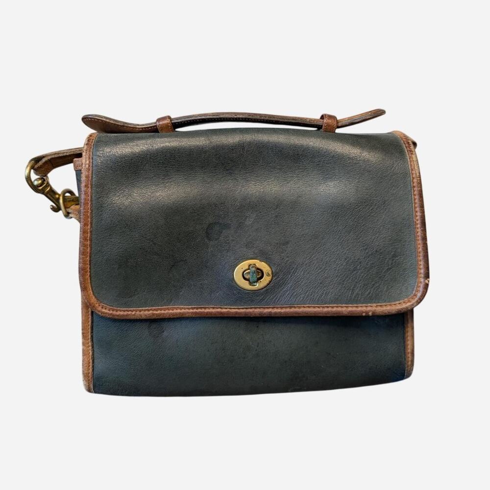 Vintage Coach Two Tone Leather Station Bag Forest Green British Tan 9803